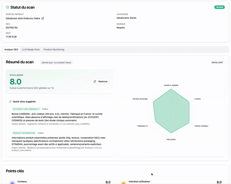 Analyse GEO · Visualisez le scoring global et par pilier pour prioriser les corrections.
